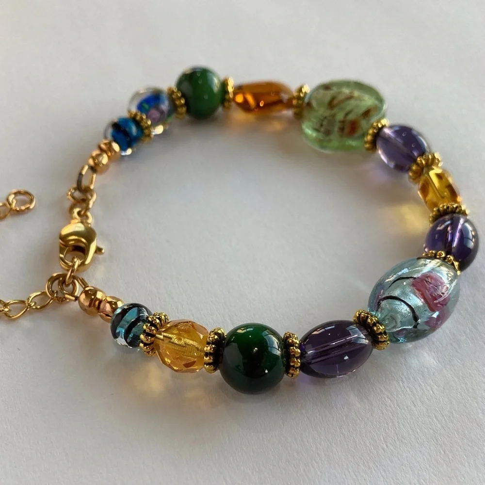 HAND CRAFTED Lamp-worked Glass Czech Crystal Beaded BRACELET Gold 7” NWT